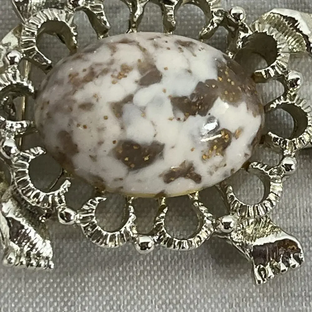 Vintage Gerrys Turtle Art Glass Cabochon Brooch Pin Marble Brown Gold 2.25